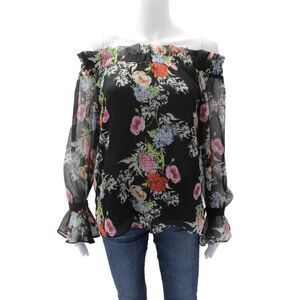 Single Womens Sheer Floral Tied Cuff Off The Shoulder Blouse Black Size XS